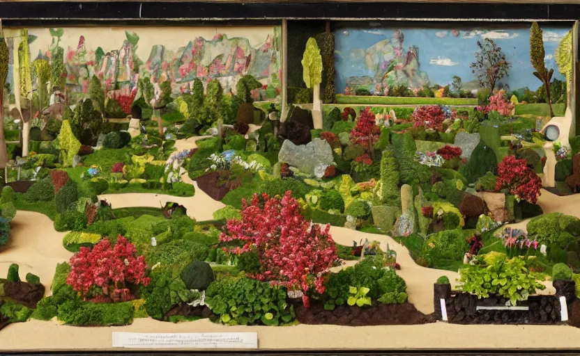 Prompt: a landscape claymation of a garden in a park, collage, henri berthaut, art - deco, miner kilbourne kellogg, gardens