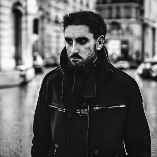 Image similar to black and white fashion photograph, highly detailed portrait of a depressed guy as a drug dealer on a busy Paris street, detailed face looking into camera, eye contact, natural light, rain, mist, lomo, fashion photography, film grain, soft vignette, sigma 85mm f/1.4 1/10 sec shutter, Daren Aronofsky film still promotional image, IMAX 70mm footage