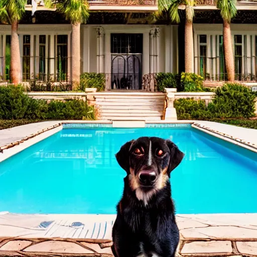 Image similar to a very detailed photo of a dog ( smoking a cigar ) outside the mansion by the pool