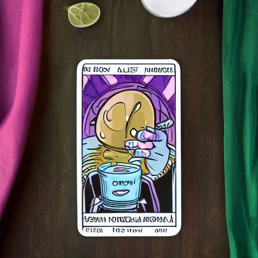 Image similar to an alien drinking horchata, detailed, tarot card