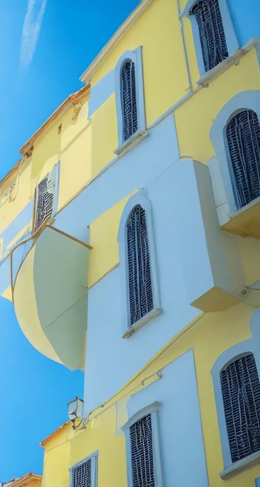 Prompt: pastel yellow italian architecture in front of a light blue clear sky, beautiful, minimalistic, aesthetic, realistic