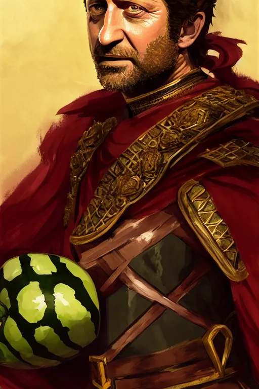 Image similar to portrait gerard butler as a greek king sitting on a watermelon, greek, intricate, headshot, key visual, conceptart, ambient lighting, highly detailed, digital painting, artstation, concept art, sharp focus, by makoto shinkai and akihiko yoshida and greg manchess