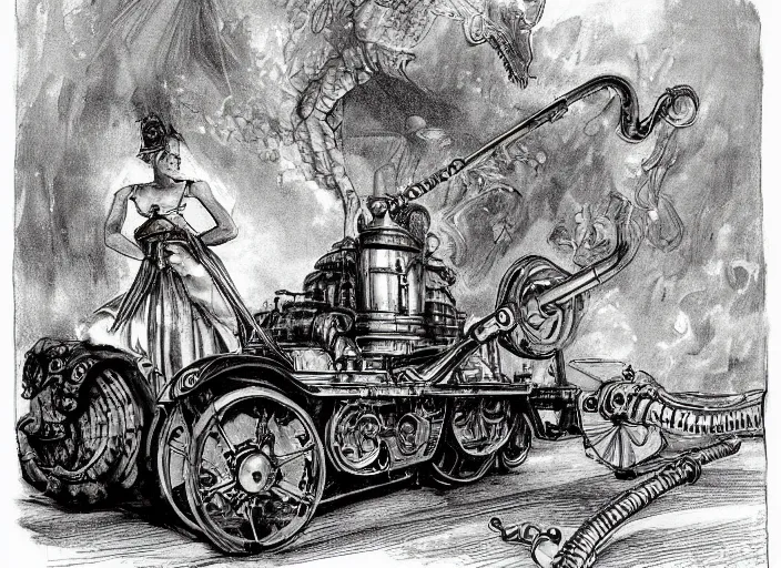 Image similar to illustration, real dragon with steam punk tanks and pipes on its side, white background, Charles Dana Gibson, Olivia Kemp