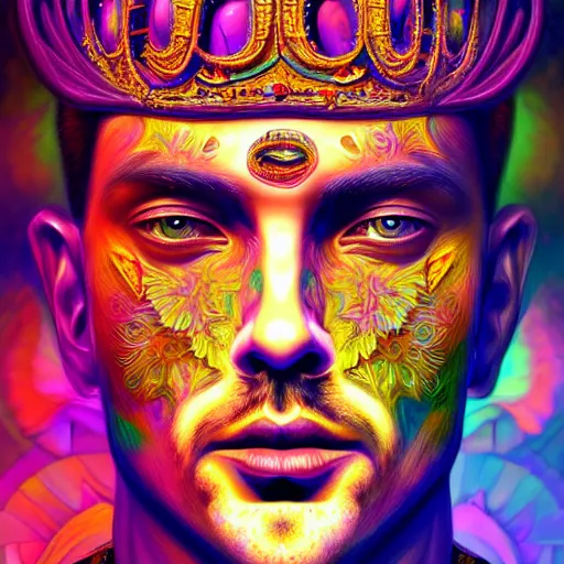 Image similar to An extremely psychedelic portrait of a King, surreal, LSD, face, detailed, intricate, elegant, lithe, highly detailed, digital painting, artstation, concept art, smooth, sharp focus, illustration