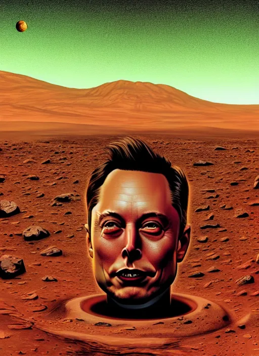 Prompt: detailed image of a creepy Elon Musk on the surface of Mars, by richard corben, rich deep colors. masterpiece . intricate artwork, very coherent symmetrical artwork, cinematic, hyper realism, high detail, octane render, unreal engine, 8k, Vibrant colors, Smooth gradients, High contrast, depth of field. by Katsuhiro Otomo, full body character drawing, inspired by Evangeleon, clean ink detailed line drawing, intricate detail, extremely detailed.