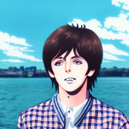 Prompt: anime illustration of young Paul McCartney from the Beatles, wearing a blue and white check shirt, on a yacht at sea, relaxing and smiling at camera, white clouds, ufotable