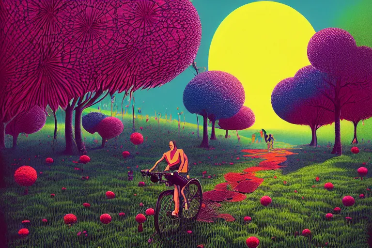 Image similar to surreal glimpse into other universe, riding beca malacca, summer morning, very coherent and colorful high contrast, art by!!!! gediminas pranckevicius!!!!, geof darrow, floralpunk screen printing woodblock, dark shadows, hard lighting, stipple brush technique,