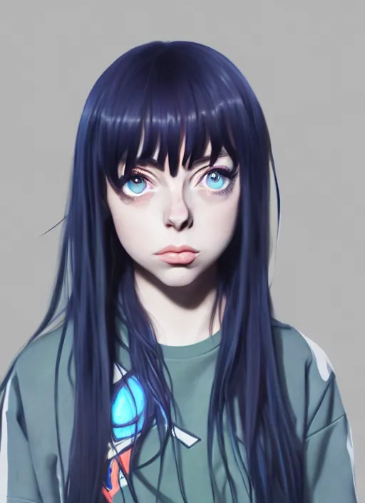 Image similar to a potrait of billie eilish as an anime, fine, realistic, shaded, lighting, ilya, kuvshinov, katsuhiro, artgerm, jeremy, lipkin, michael, garmash, unreal, engine, 5, radiant, light, detailed, intricate, environment