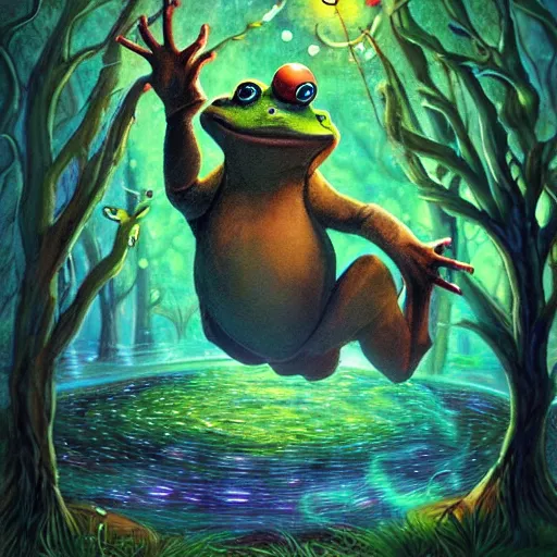 Image similar to mischievous forest spirit darts through the air over a frog pond at night. magic swirls in the air. the spirit grins with glee. by kevin walker, by greg staples, by daarken, by terese nielsen,