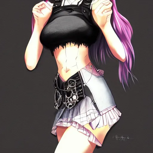 Image similar to goth anime girl in mini skirt and crop top intricate, extremely detailed, digital painting, artstation, concept art, smooth, sharp focus, illustration, sensual lighting, incredible art,