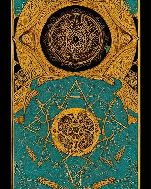 Prompt: Tarot card, seven of singularities, teal paper, smoke swirls, light Brown color, dark Brown color, ornate, elaborate, intricate gold metallic details, eloquent, full art, asian style inspiration