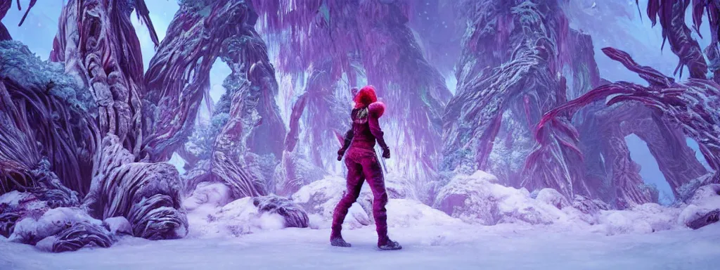 Image similar to large glowing woman made of ice, walking in a dense alien snow covered frosty jungle, with snow covered colourful red, blue and purple plants, large vines, snow covered arched organic rock structures, in the style of monster hunter world, like concept art on artstation, hyperdetailed, vray render, octane render,