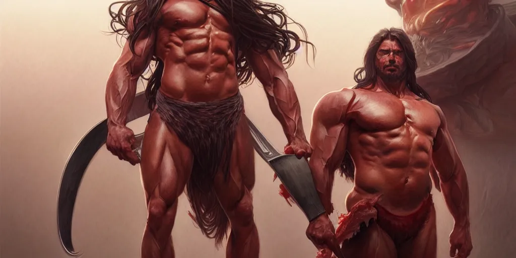 Prompt: a long haired muscular warrior in a suit of meat, highly detailed, digital painting, artstation, concept art, matte, sharp focus, illustration, art by artgerm and greg rutkowski and alphonse mucha