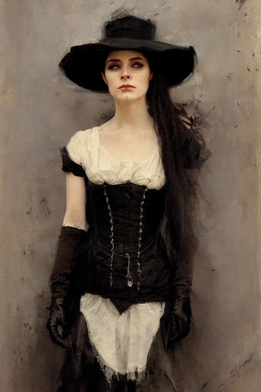 Prompt: Richard Schmid and Jeremy Lipking full length portrait painting of a young beautiful victorian steampunk vampire woman