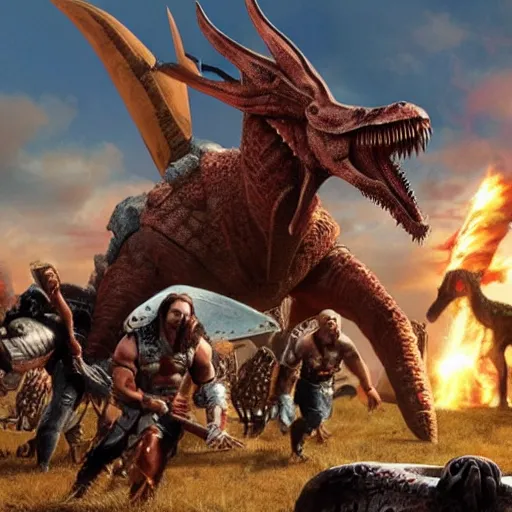 Image similar to Ragnarok with vikings fighting cyborg dinosaurs