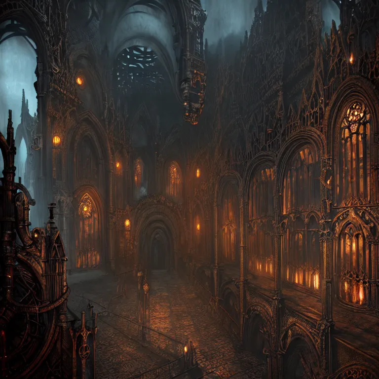 Image similar to steam necropolis, memento mori, gothic, neo - gothic, art nouveau, hyperdetailed copper patina medieval icon, stefan morrell, philippe druillet, ralph mcquarrie, concept art, steampunk, unreal engine, detailed intricate environment, octane render, moody atmospherics, volumetric lighting, ultrasharp, ominous, otherworldly