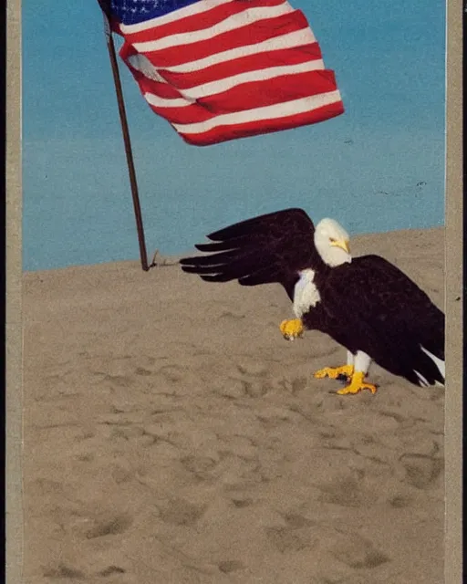 Image similar to postcard showing 'a cool bald eagle perched on a beach chair with shades and a beer bottle' laying in the sand, advertisement, american flag