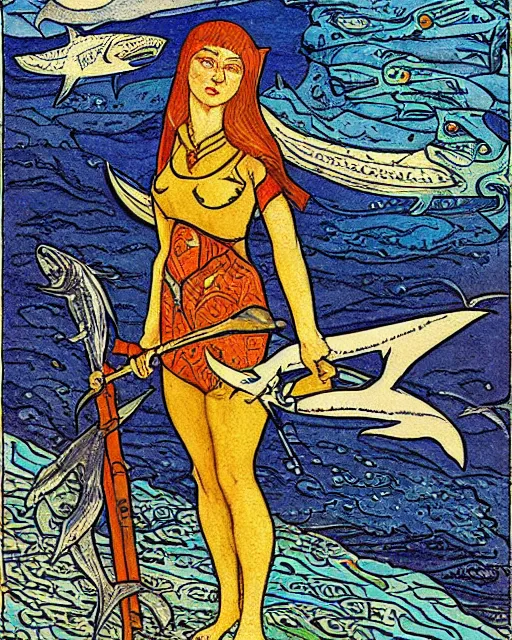 Image similar to a shark woman with melee weapons by ivan bilibin