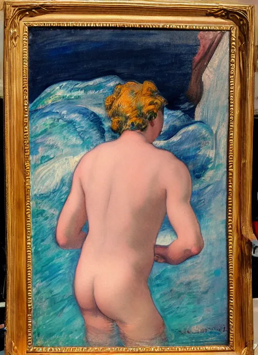 Prompt: vintage beautiful painting of a gay merman looking with the back at the sea sitting on a white pearl in Mary Cassatt style