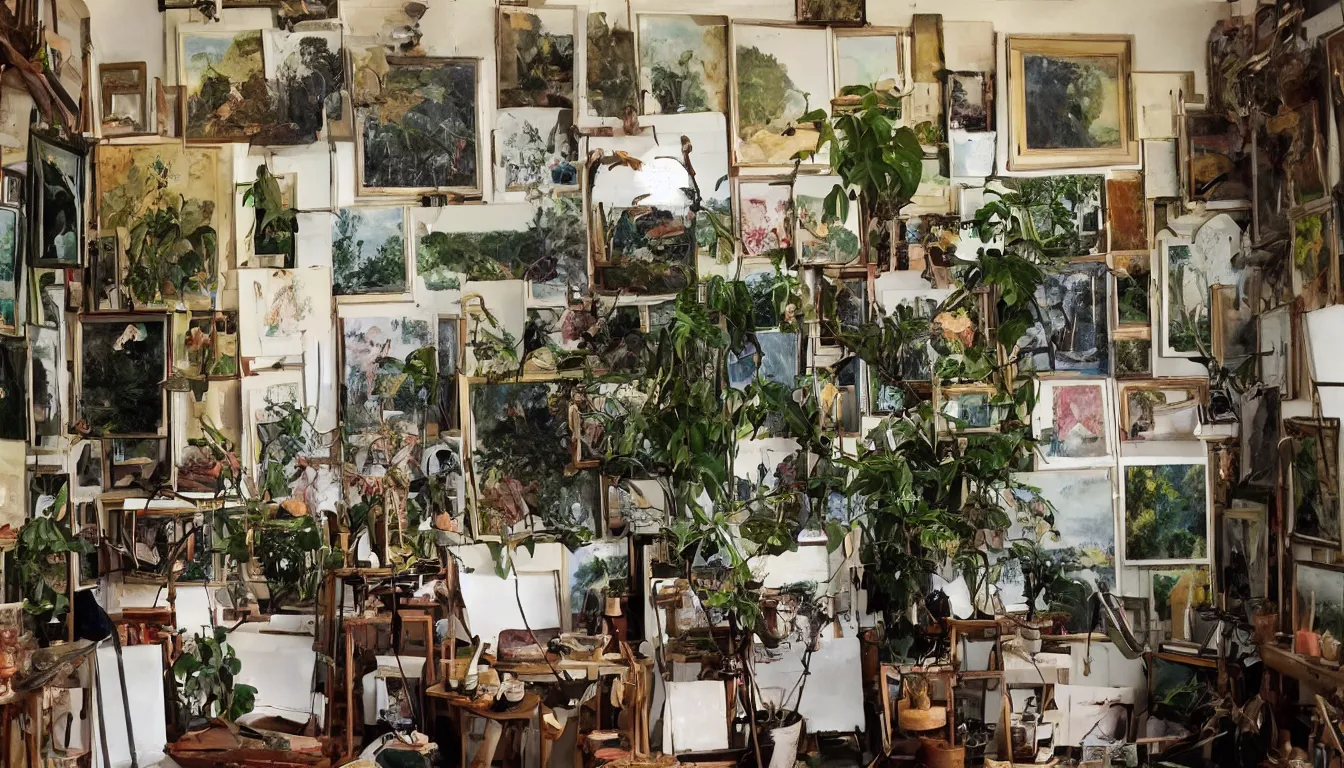 Prompt: old artist's studio filled with paintings, plants, and trees, photograph