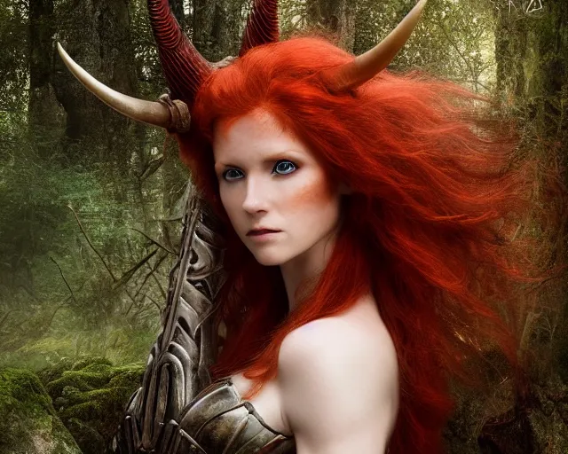 Image similar to 5 5 mm portrait photo of an armored redhead woman warrior, and horns growing from her head, in a magical forest. by luis royo. highly detailed 8 k. intricate. lifelike. soft light. nikon d 8 5 0. cinematic post - processing