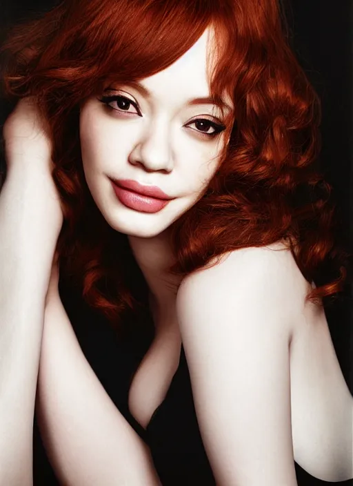 Prompt: portrait of beautiful asian christina hendricks by mario testino, headshot, detailed, award winning, sony a 7 r