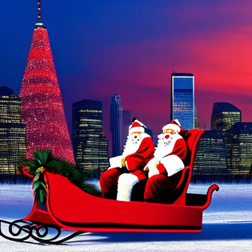 Image similar to santa claus in a sleigh with reindeers in front of world trade center with a beautiful sunset in the background