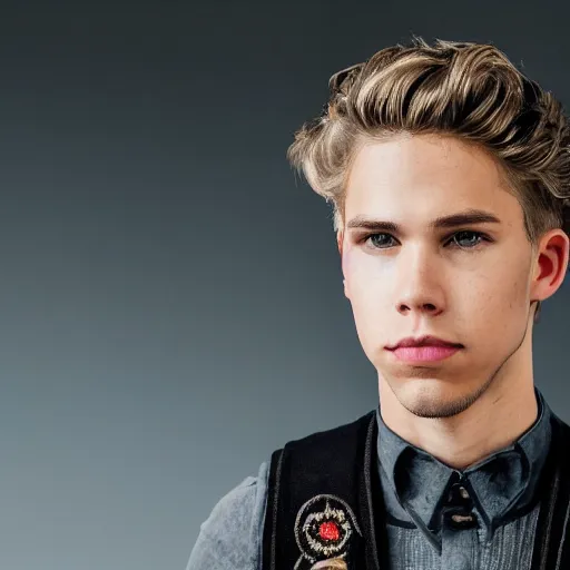 Prompt: Portrait photo of adult Austin Butler with exposed dark-hair head, dressed in grey-prussian blue Tudor-future clothing with embroidered-Rams-head-emblem, and nanocarbon-vest, in an arena in Dune 2021, XF IQ4, f/1.4, ISO 200, 1/160s, 8K