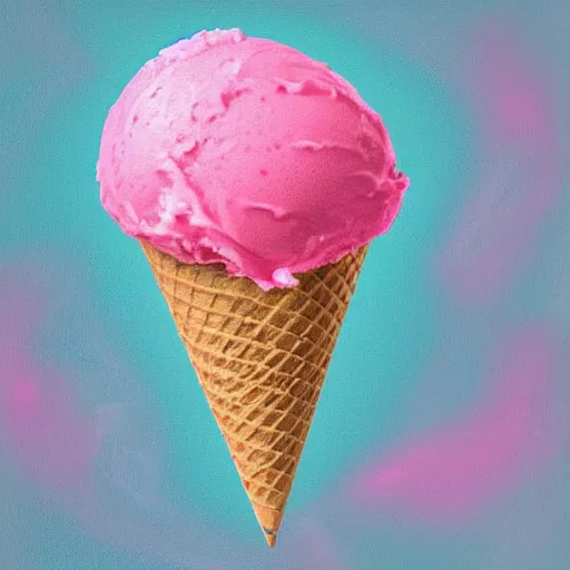 Prompt: happy smiling pink ice cream, sky blue waffle cone, high definition, beautiful mystical digital classic inspired rendered painting