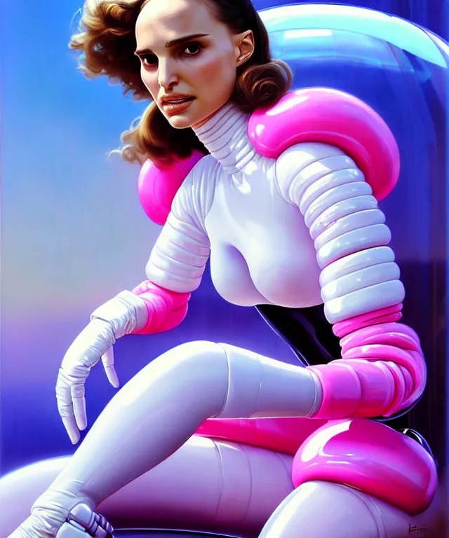 Image similar to beautiful fantasy character portrait, natalie portman, wearing oversized plastic puffy pink bomber jacket and white leotard, seductive seated pose, futuristic chrome vehicle, ultra realistic, wide angle, dramatic lighting, robots, cyberpunk artifacts, highly detailed by boris vallejo, aaron horkey, paolo eleuteri serpieri, hajime sorayama, peter mohrbacher,,