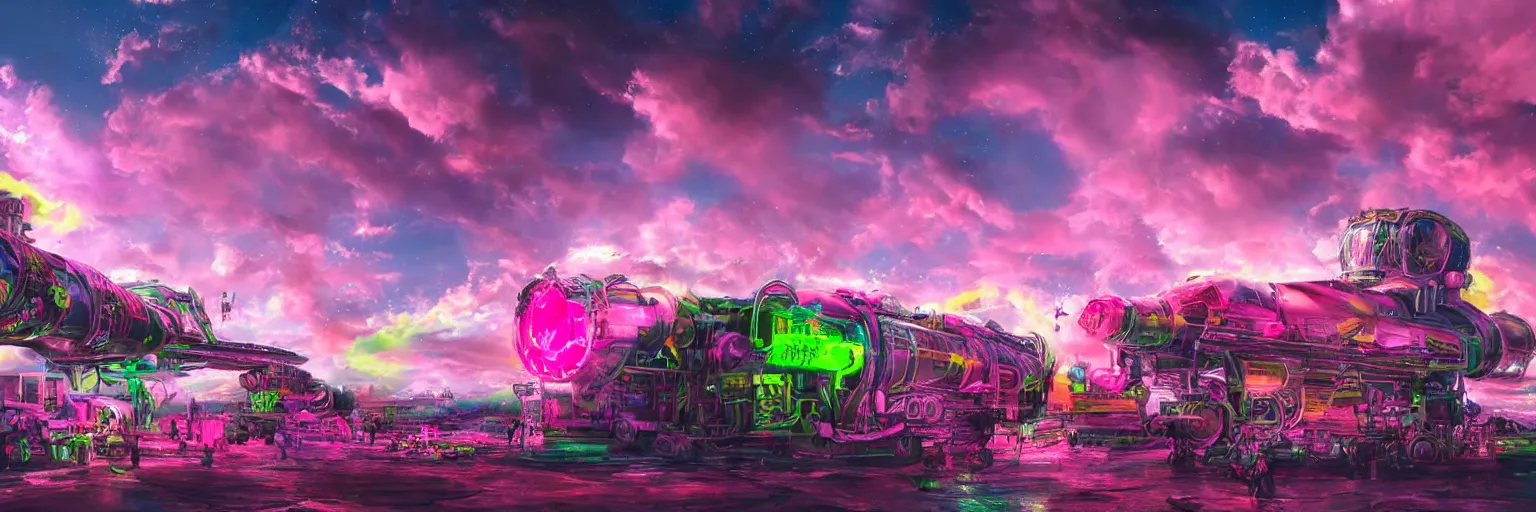 Prompt: big train in space, pink pirate dog, dog, run, pirate neon ship with punks on board, mohawks, neon, oil painting, rich deep colors masterpiece, ultra detailed, contrast, heaven pink, lots of roman arches, clouds, sky, volumetric light, atmospheric lighting, dramatic, cinematic, moody, octane render 4 k, 8 k