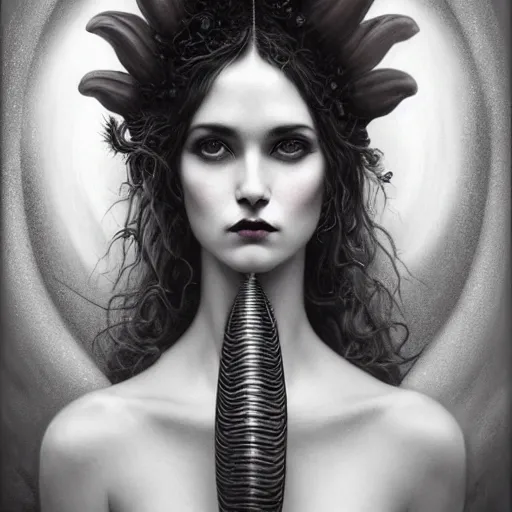 Prompt: By Tom Bagshaw, ultra realist soft painting of curiosities festival by night, very beautiful horn female in long gothic dress thin dark lustrous hair, symmetry accurate features, very intricate details, omnious sky, black and white, volumetric light clouds