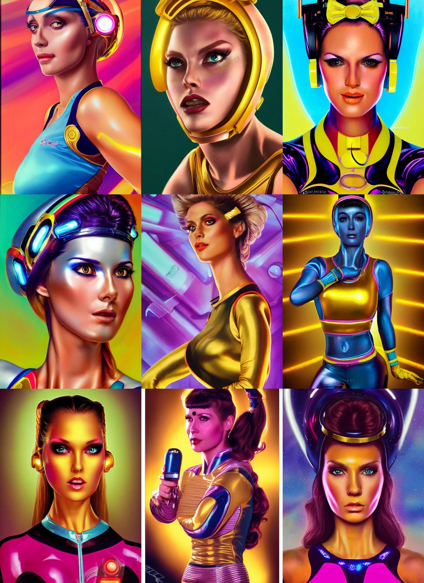 Prompt: gorgeous android woman portrait dressed in an aerobic outfit of the eighties with golden colors and head band, retro, beautiful lights, vintage look, hyper realistic, illustration, airbrush, 8 k, intricate, duo tone, art by david la chapelle and philip castle, artgerm