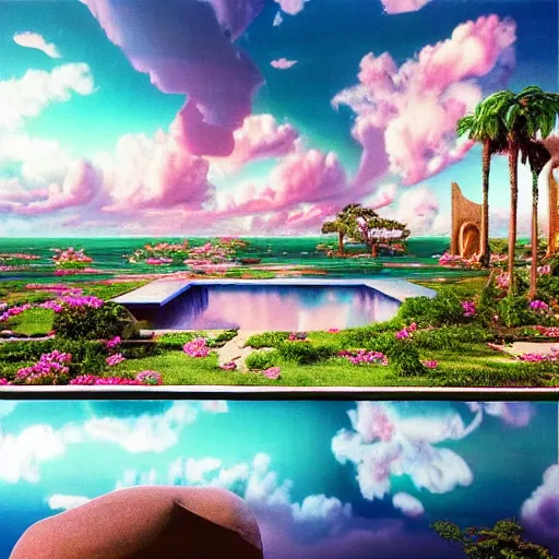 Image similar to masterpiece, hyperrealistic surrealism, award winning masterpiece with incredible details, epic stunning, infinity pool, a surreal vaporwave liminal space, highly detailed, trending on ArtStation, broken giant marble head statue ruins, calming, meditative, pink arches, flowing silk sheets, palm trees, very vaporwave, very very surreal, sharp details, artgerm and greg rutkowski and alphonse mucha, daily deviation, IAMAG, geometric dreamscape