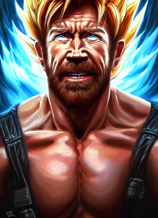 Image similar to portrait of aggressive chuck norris going super saiyan, d & d, muscular! storm! fantasy, intricate, elegant, highly detailed, digital painting, artstation, concept art, smooth, sharp focus, illustration, art by artgerm and greg rutkowski and alphonse mucha