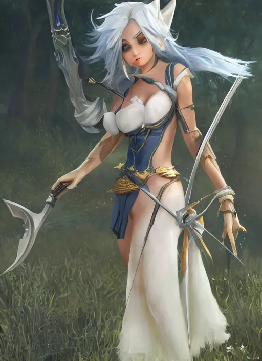 Image similar to ashe, from league of legends, shooting arrows with a silver bow, wearing fluffy skin, long skirt, hyper detailed, digital art, trending in artstation, cinematic lighting, studio quality, zoom in, smooth render, unreal engine 5 rendered, octane rendered, art style by klimt and nixeu and ian sprigger and wlop and krenz cushart