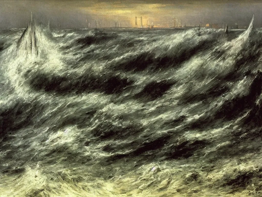 Prompt: Ocean flooding the brutalist metropolis. Wave. Painting by Arnold Bocklin, Yves Tanguy.