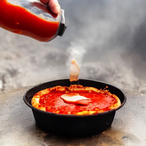 Prompt: a picture of pizza sauce coming out of a volcano