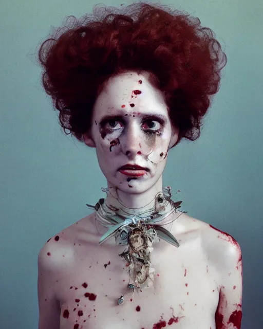 Image similar to an instant photo of a beautiful but creepy woman in dead space, with haunted eyes and curly hair, wearing a vivienne westwood collar, 1 9 7 0 s, seventies, wallpaper, a little blood, moonlight showing injuries, delicate embellishments, painterly, offset printing technique, by mary jane ansell