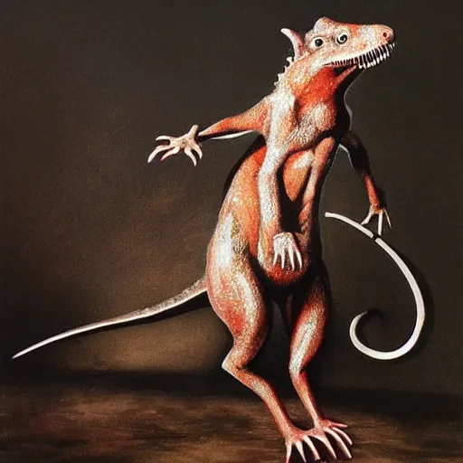 Image similar to dino rat, epic pose, fine painting