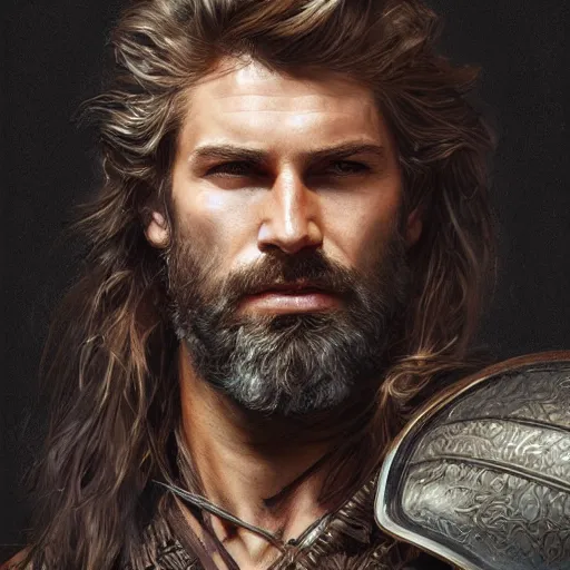 Image similar to portrait of a young, ruggedly handsome ranger, soft hair, muscular, half body, leather, hairy, d & d, fantasy, intricate, elegant, highly detailed, digital painting, artstation, concept art, smooth, sharp focus, illustration, art by artgerm and greg rutkowski and alphonse mucha