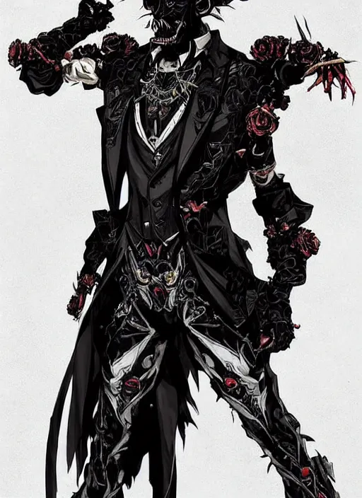 Prompt: full body portrait of an handsome goblin in an ornate tuxedo. in style of yoji shinkawa and hyung - tae kim, trending on artstation, dark fantasy, great composition, concept art, highly detailed, dynamic pose, vibrant colours.
