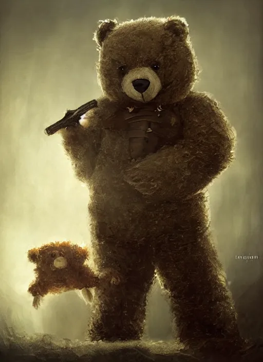 Prompt: a teddy bear dressed as a knight stands on a bed to scar away a nightmare that looms over a sleeping child, portrait, dramatic lighting, cinematic, establishing shot, extremly high detail, photo realistic, foto realistic, cinematic lighting, post processed, concept art, artstation, matte painting, style by eddie mendoza, raphael lacoste, alex ross