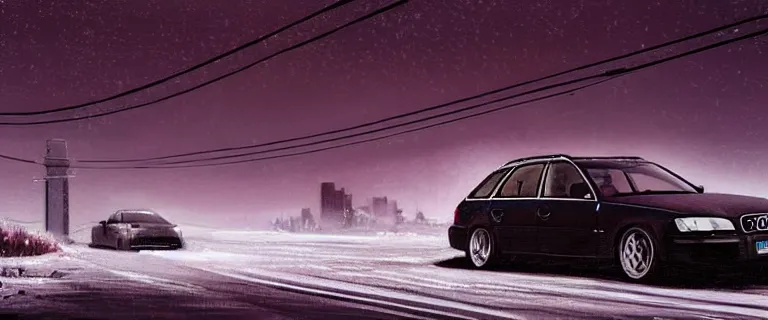 Image similar to Audi A4 B6 Avant (2002), a gritty neo-noir, Robot horror, dramatic bright lighting, cinematic, establishing shot, extremely high detail, photorealistic, cinematic lighting, artstation, by simon stalenhag, Snowy italian road, Snowy Apennines, At night, Poets of the Fall - Late Goodbye