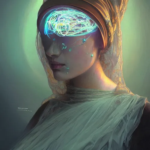 Image similar to portrait of a humanoid robot wearing a veil, mystic, mystical, robot body, wires, robotic, intricate, headshot, highly detailed, digital painting, artstation, concept art, sharp focus, cinematic lighting, digital painting, art by artgerm and greg rutkowski, alphonse mucha, cgsociety