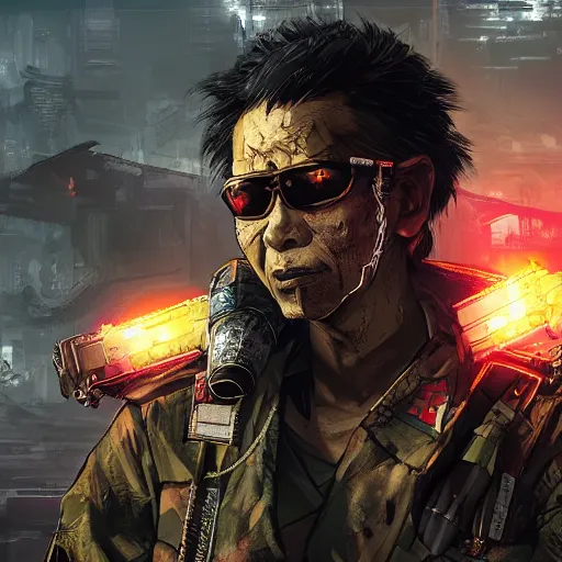 Image similar to 8K detailed illustration of a post-apocalyptic cyberpunk Indonesia war general in the style of Yoji Shinkawa, high resolution