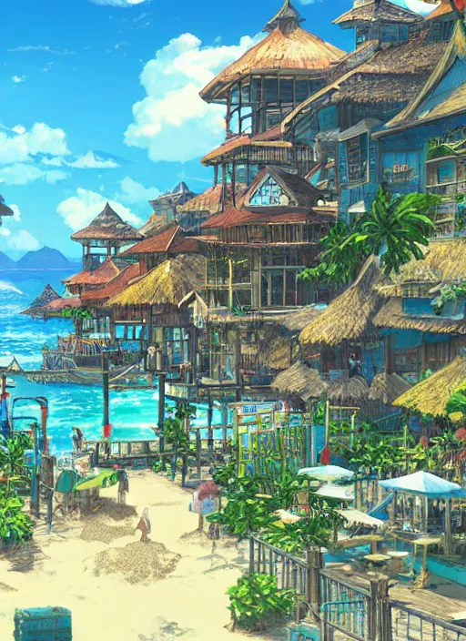 Prompt: Fantasy tropical port town view from the beach. hidari, color page, tankoban, 4K, tone mapping, Akihiko Yoshida.