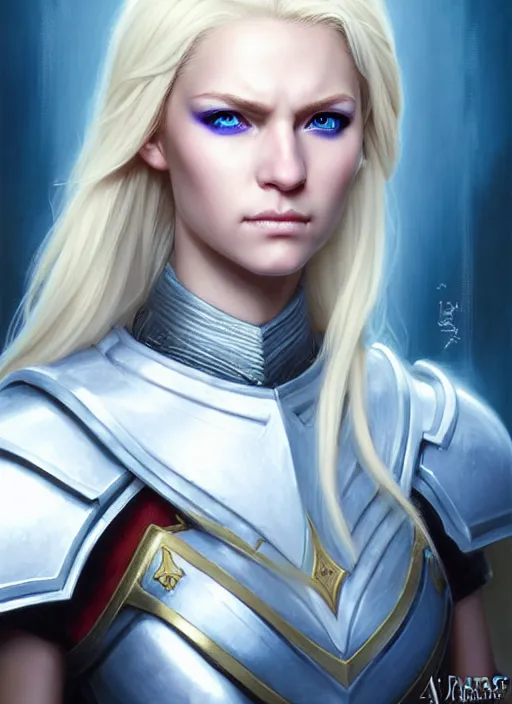 Image similar to a _ fantasy _ style _ portrait _ painting _ of white female paladin with blonde hair and blue eyes, scar under left eye, holy oil _ painting _ unreal _ 5 _ daz. _ rpg _ portrait _ extremely _ detailed _ artgerm _ greg _ rutkowski _ greg