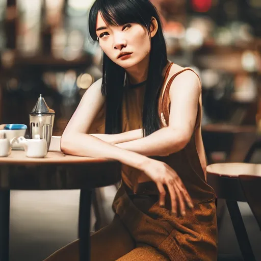 Image similar to woman sitting in a cafe in China, artwork by guweiz, short black hair, freckles, face tattoos, futuristic, cyberpunk face mods, sigma 85mm f/1.4, 4k, depth of field, unreal engine, stylized