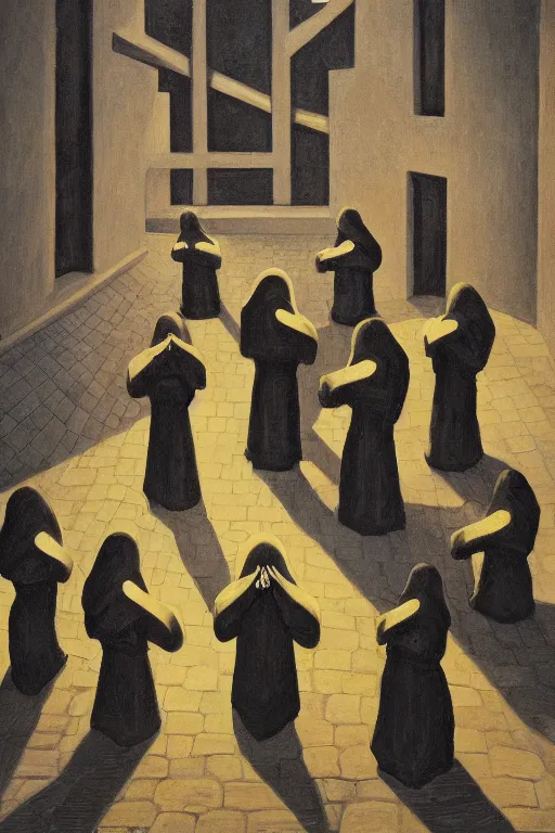 Prompt: fine illustration of five hooded disciples in masks praying to a fascist monument in a brutalist courtyard, lit from below, twilight, lowbrow surrealism, PJ Crook, Edward Hopper, sharp detail, oil on canvas